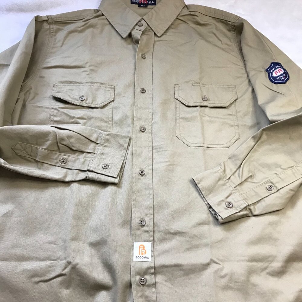 BOCOMAL‎ 7.5oz FR Flame Resistant Shirt Men's Sz 2XL Khaki 100% Cotton NFPA2112 - Picture 5 of 16